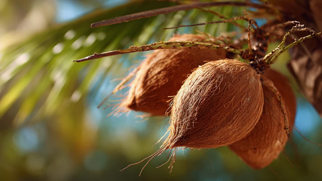 Close-up of Natural Coconut Fruits Hanging from a Palm Tree, Showcasing Their Unique Texture and Color in a Lush Tropical Environment