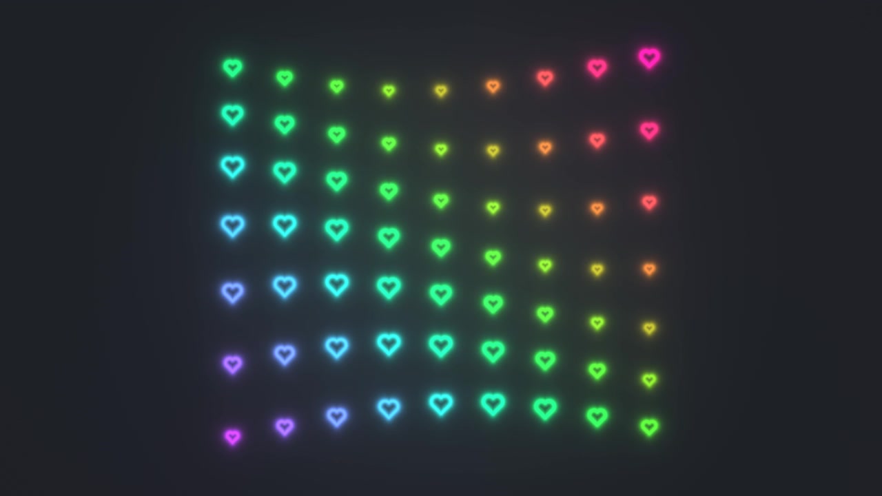 Bright heart shapes are arranged in a grid pattern with various colors. Each heart glows softly against a dark background, creating a lively display. The scene captures a playful and vibrant feel