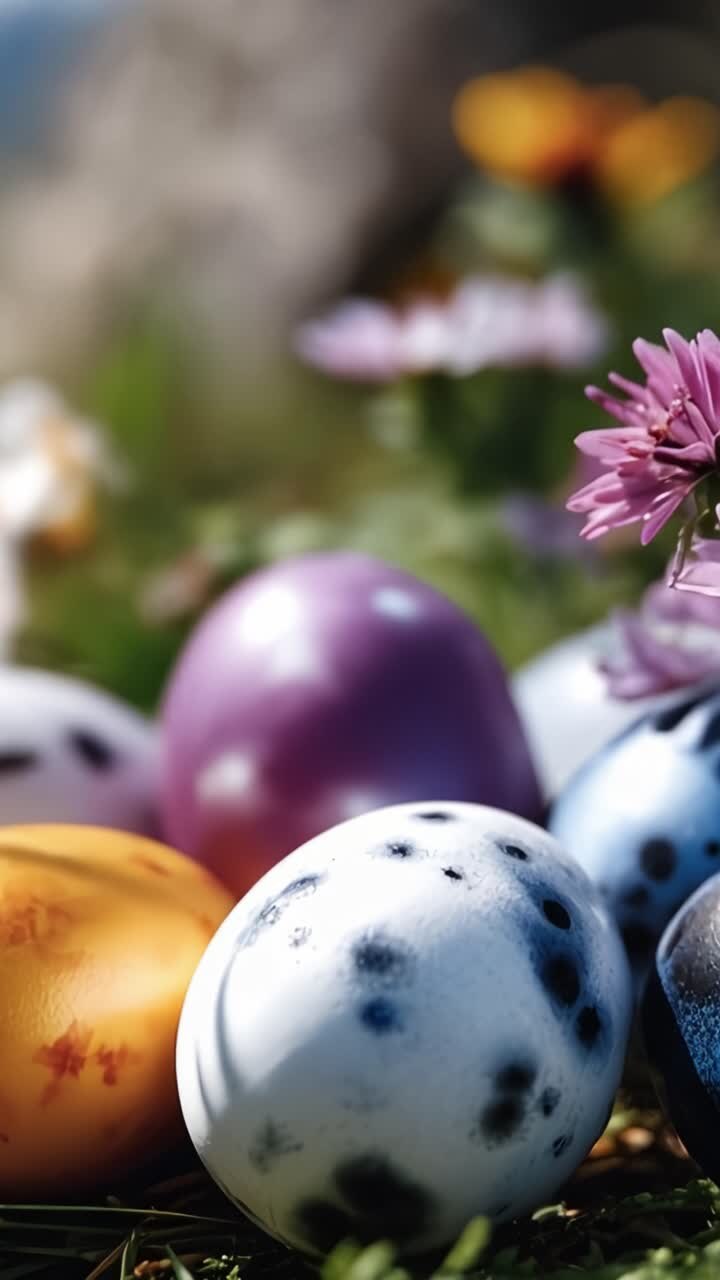 Colorful Decorative Eggs Surrounded by Wildflowers on a Sunny Day, Showcasing Vibrant Patterns and Natural Beauty in an Outdoor Setting, Perfect for Spring Celebrations