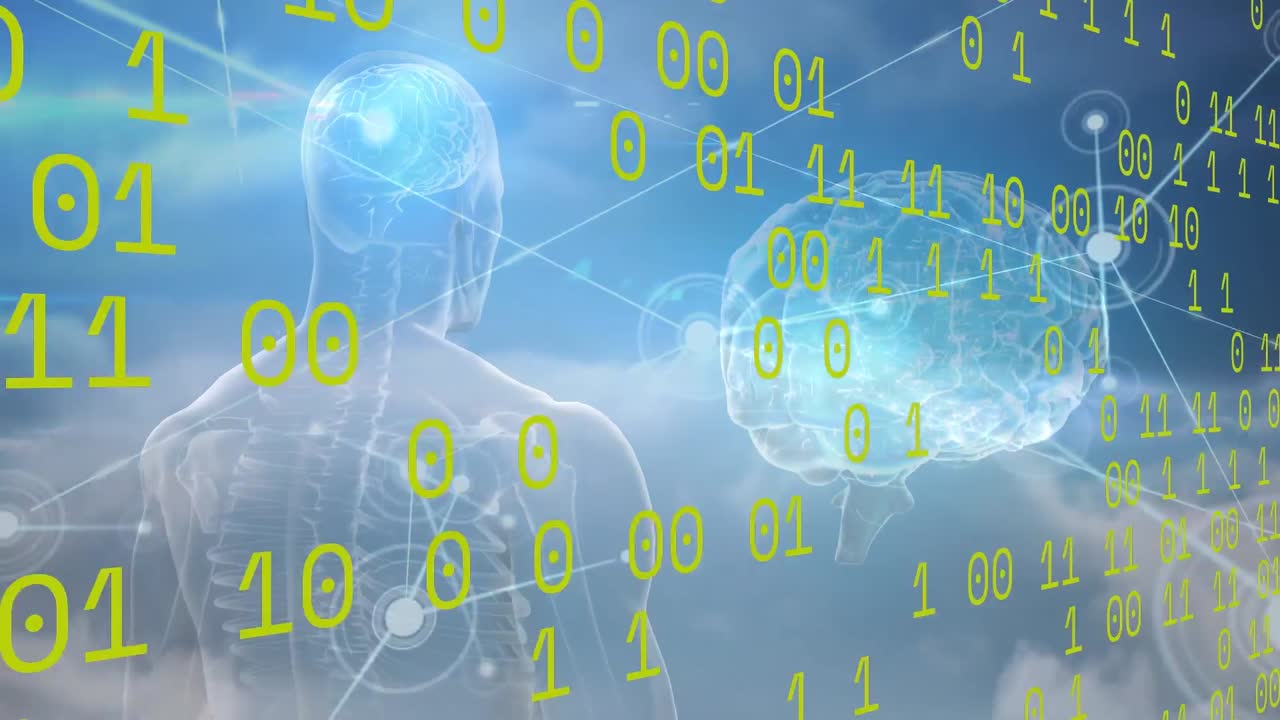 파란색 배경에 있는 이진 코드, 뇌, 연결 및 인간 모델의 애니메이션