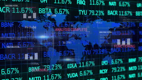 animation of stock market data processing over a world map against black background
