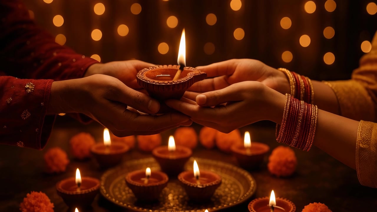 Couple Holding Traditional Diya Lamp During Diwali Celebration