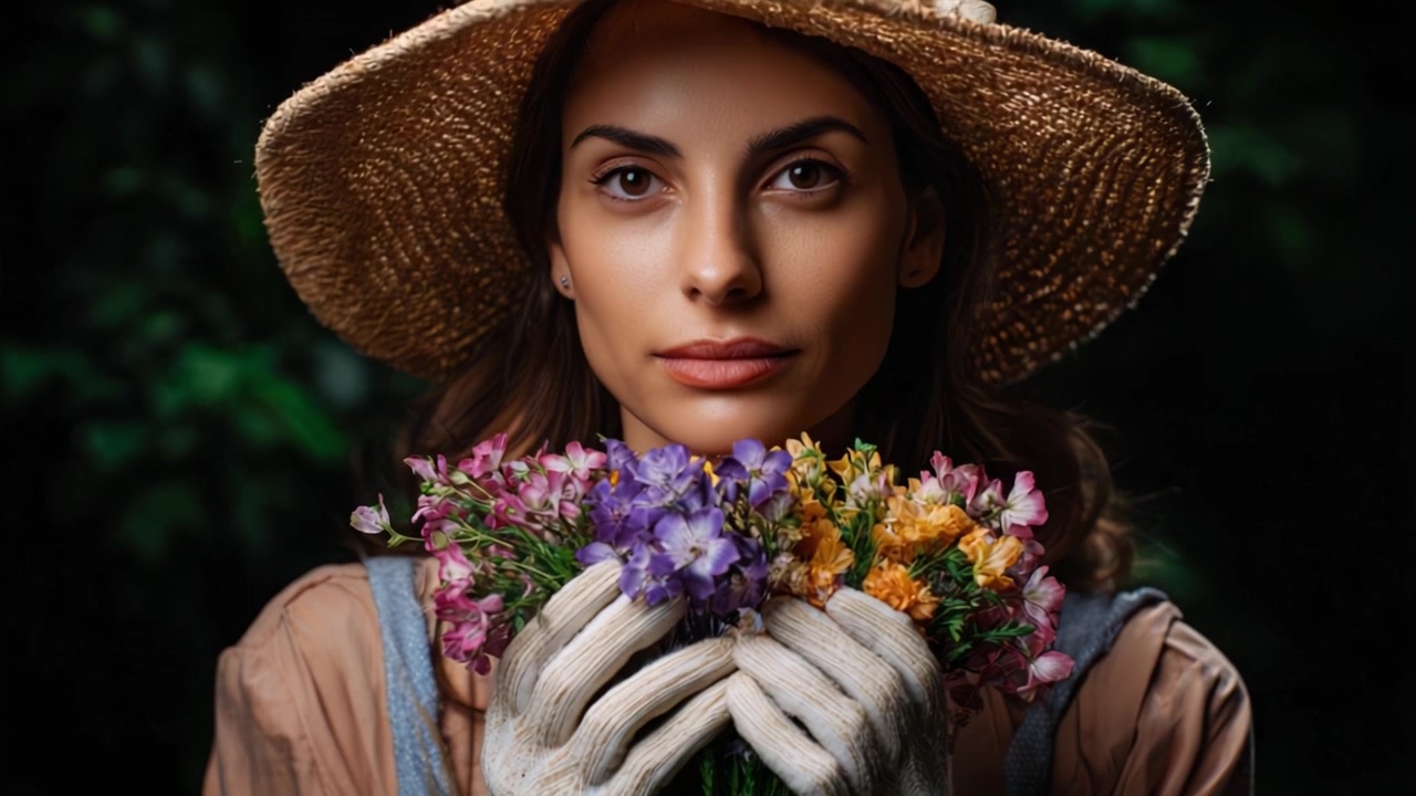 Un momento sereno con i fiori: una donna con un cappello di paglia che abbraccia la bellezza della natura mentre tiene in mano un bouquet di fiori colorati, catturata in luce soffusa