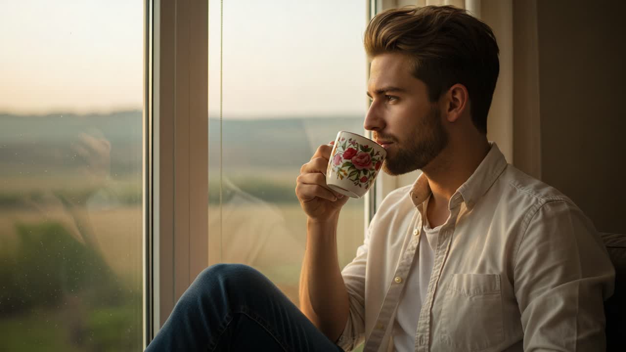 A thoughtful man gazes out of a window while enjoying a warm drink, reflecting on life as the sun sets and casts a golden glow across the landscape