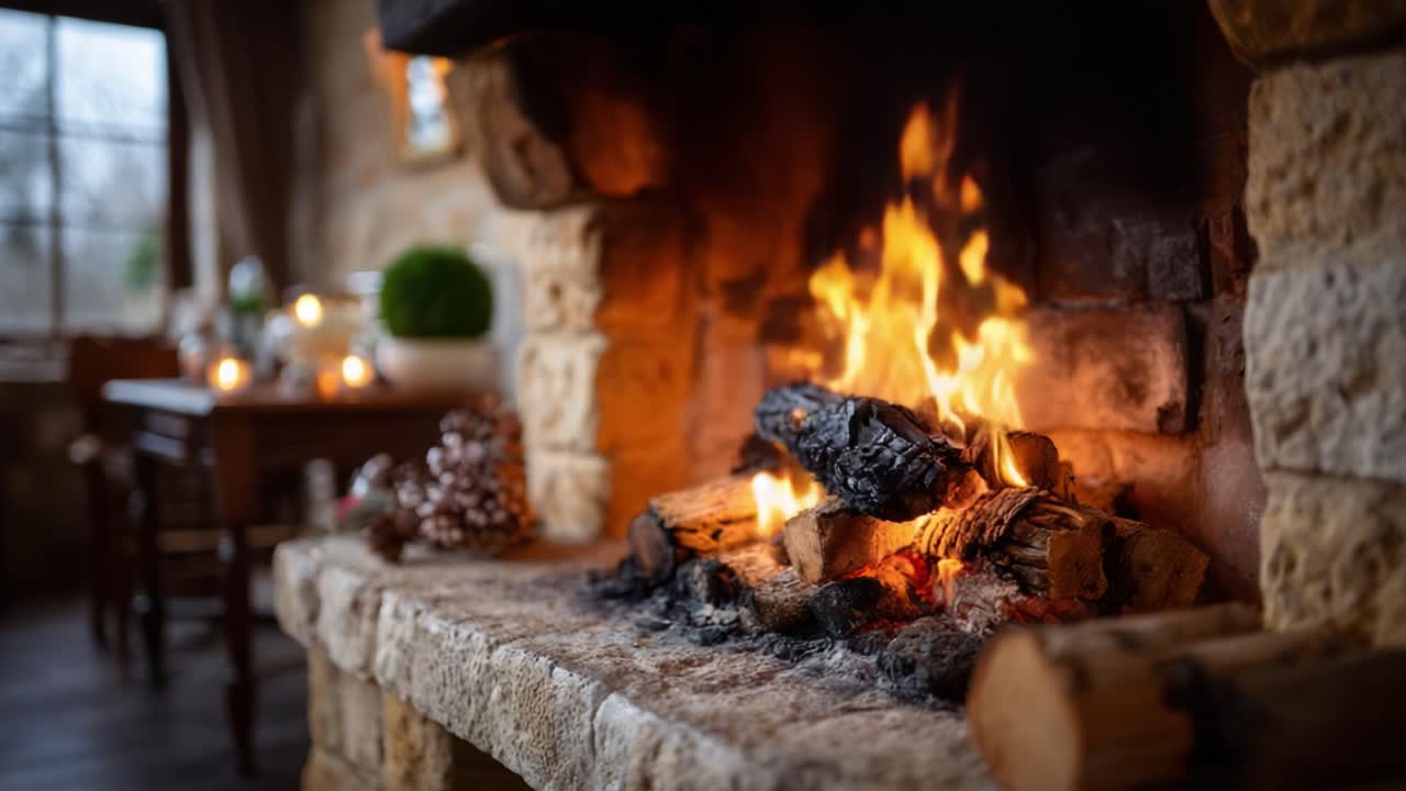 A Cozy Fireplace with Crackling Flames and Warm Ambiance, Perfect for Creating a Relaxing Atmosphere in a Rustic Living Room Setting