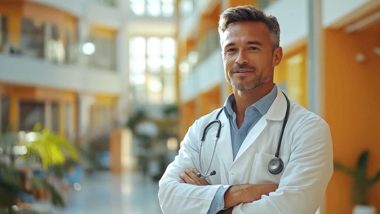 A smiling doctor with a stethoscope in a hospital lobby