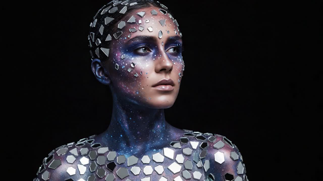 Una trasformazione eterea: una modella adornata con body art e trucco ispirati al cosmo con elementi riflettenti, che cattura la dualità di luce e ombra in una splendida esibizione