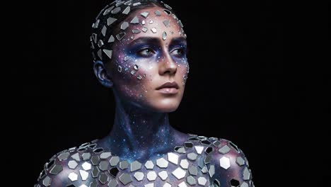 an ethereal transformation: a model adorned in cosmic-inspired face and body art with reflective pieces, capturing the duality of light and shadow in a stunning display