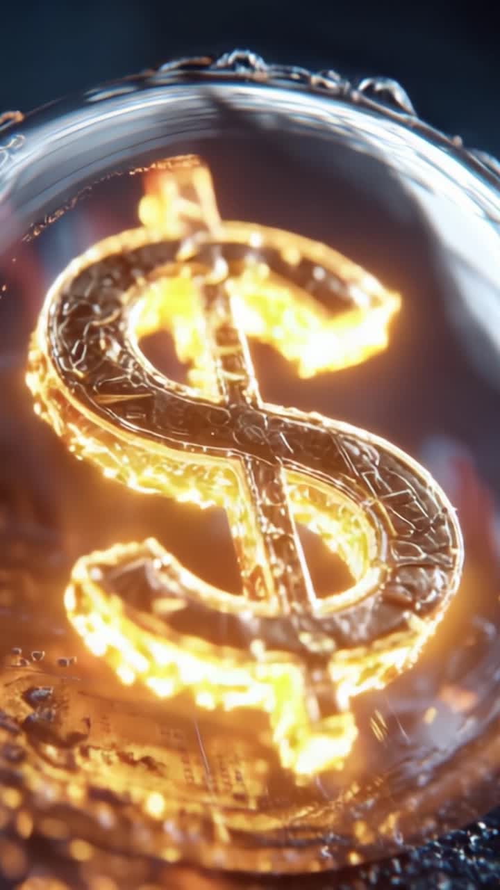 Primo piano mozzafiato di un simbolo del dollaro luminoso racchiuso in un liquido, che rappresenta ricchezza, prosperità e finanza moderna in una suggestiva rappresentazione visiva.