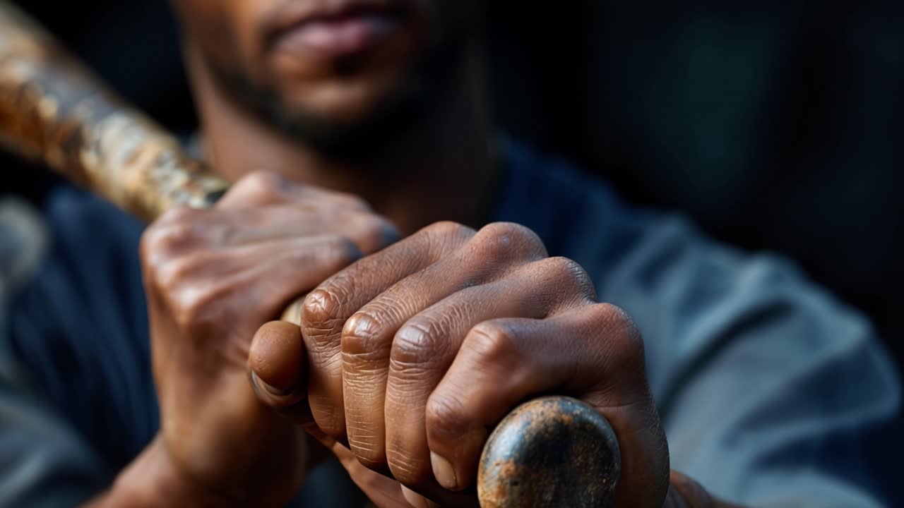 Close-up of strong hands gripping a worn baseball bat. Focused, determined eyes hint at readiness for action. Dark background emphasizes the player's resolve and muscle. Perfect for sports, strength