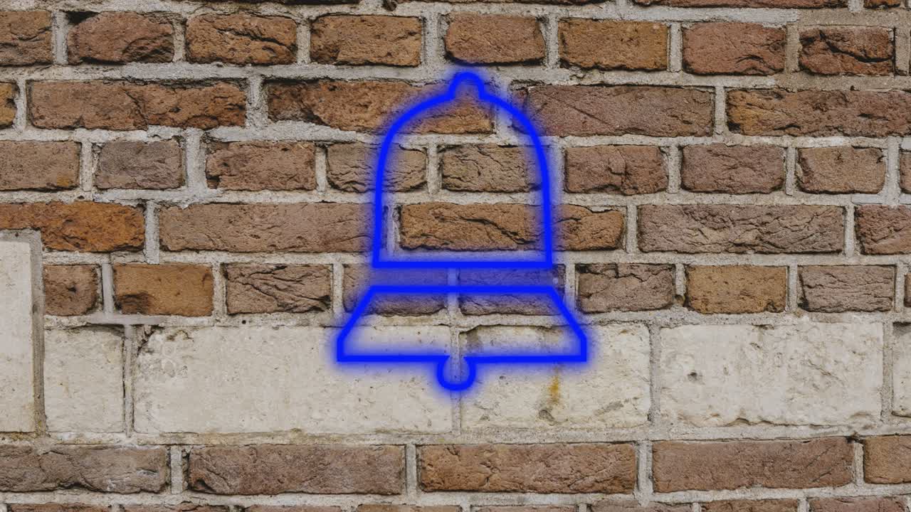 벽돌 벽에 박이는 네온 종 알림 아이콘의 애니메이션