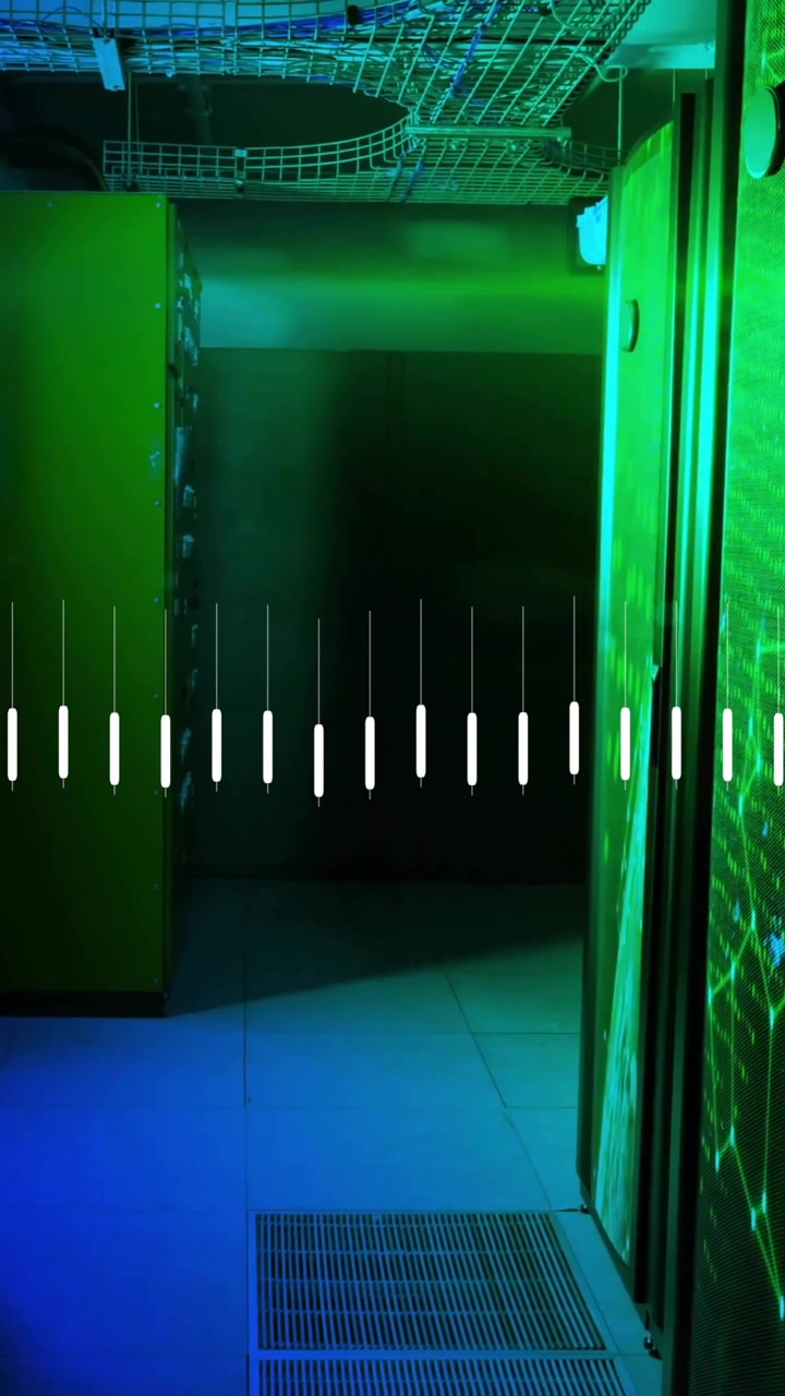 Animazione di onde sonore su una sala server con illuminazione verde e blu.