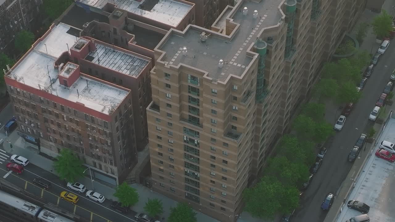 Perspectiva aérea de calle de Manhattan y vegetación