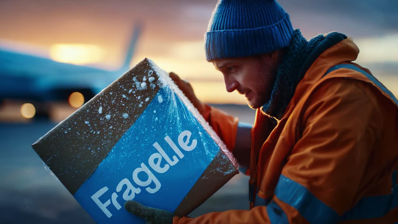 A diligent worker in a vibrant orange jacket carefully inspects a snow-covered package labeled 'Fragile' against a colorful twilight sky, ensuring safe handling at a shipping facility