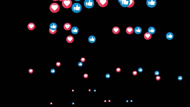 Social Media Likes and Hearts Icons Floating Up Animation on Black Background