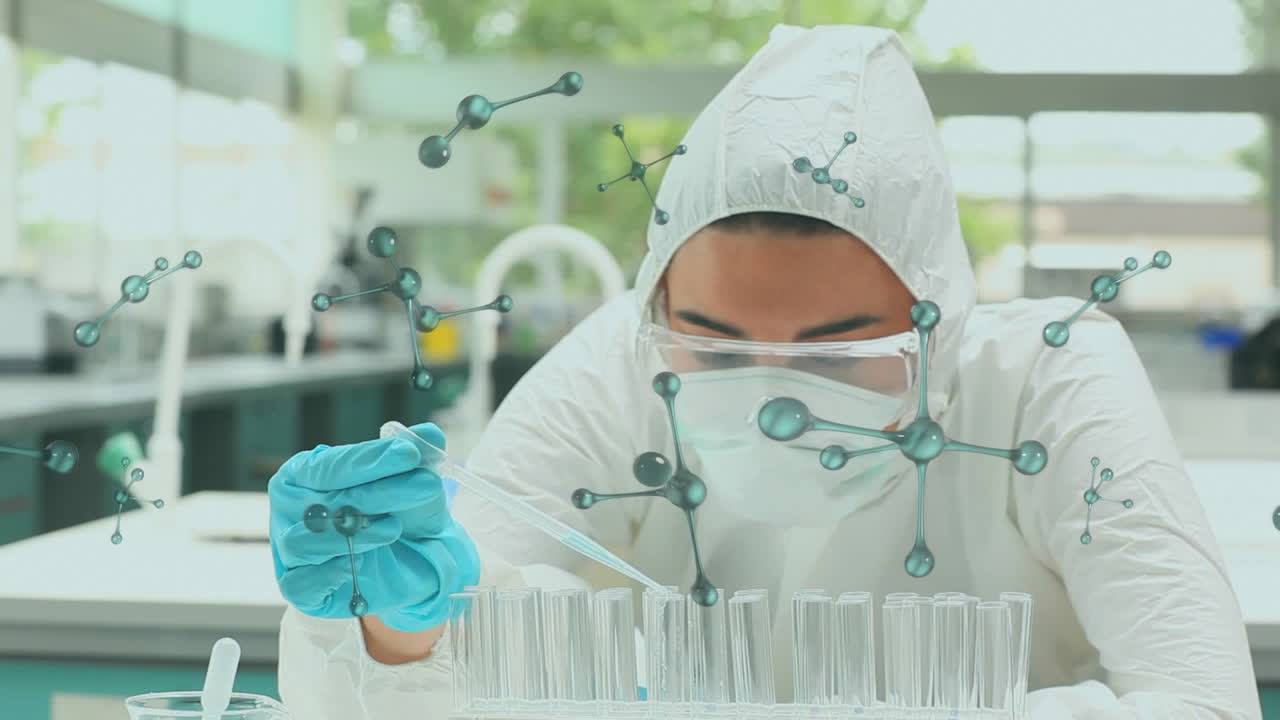Animation of molecules over caucasian male scientist with laboratory test tubes