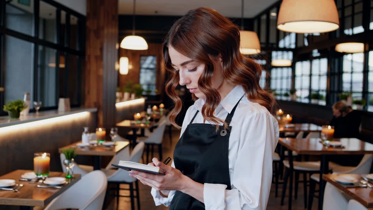 은 검은색 앞옷과 색 셔츠를 입은 전문 웨이트리스는 우아한 레스토랑 식당에서 서서 고객 주문을 노트에 신중하게 작성합니다.