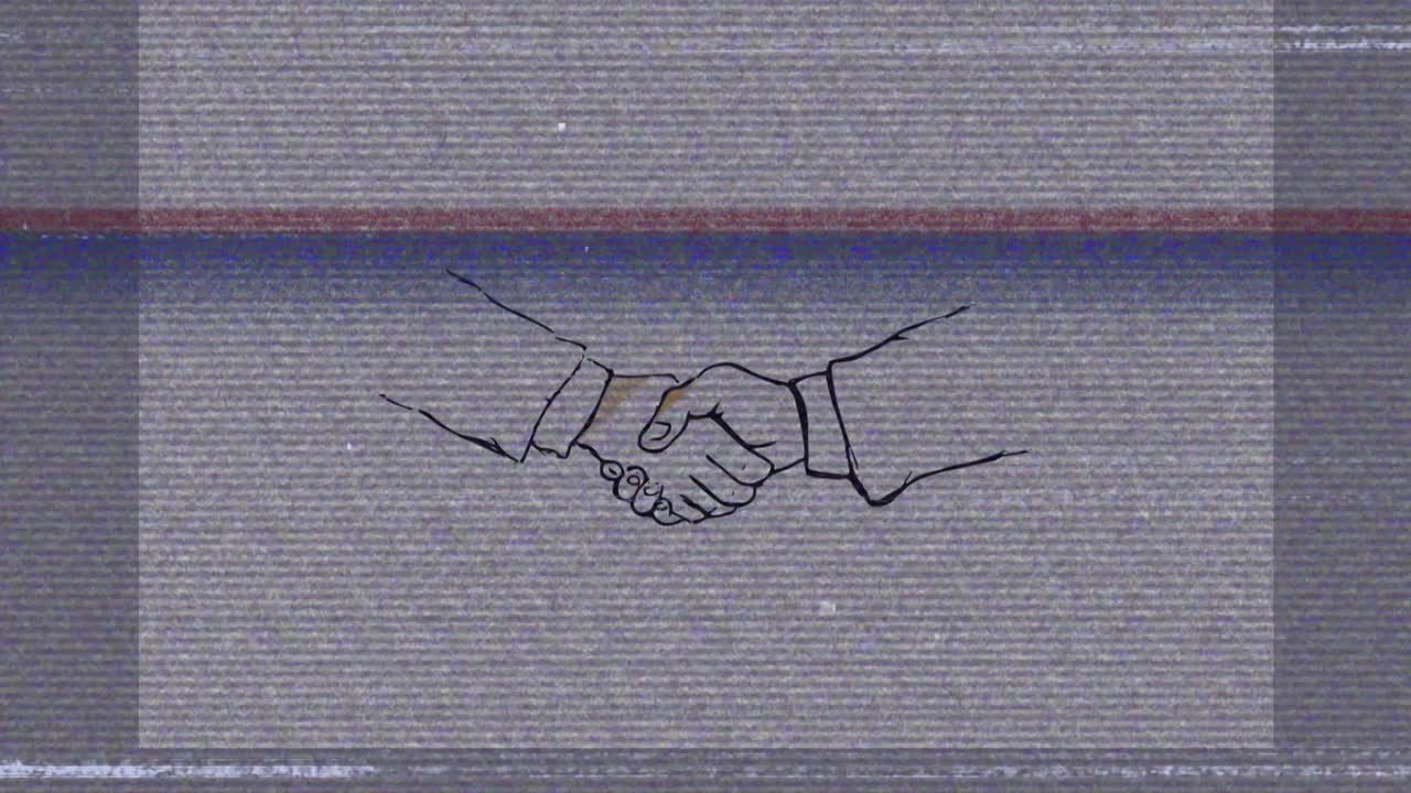 Animation of lines of distortion and interference, over business people shaking hands