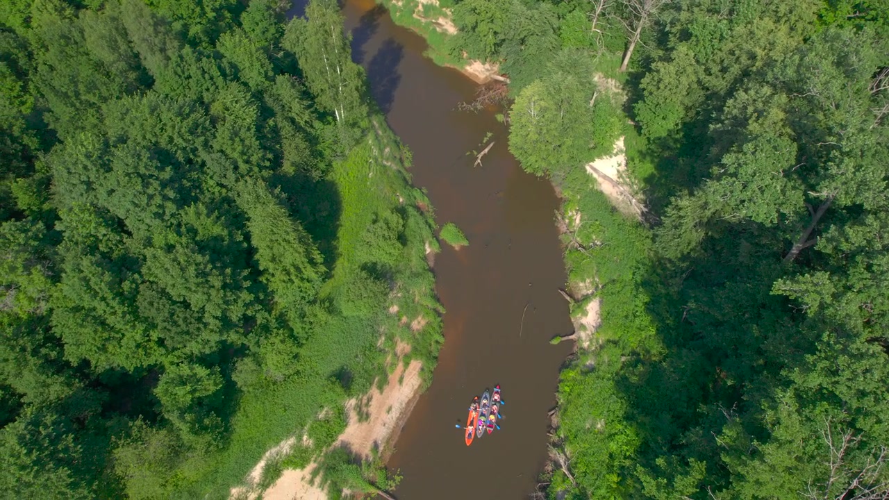 Amici che fanno kayak su un fiume stretto nel bosco, con quattro kayak gonfiabili colorati che viaggiano insieme tra alberi fitti, sponde sabbiose e rami caduti, mentre un drone verticale li riprende dall'alto.