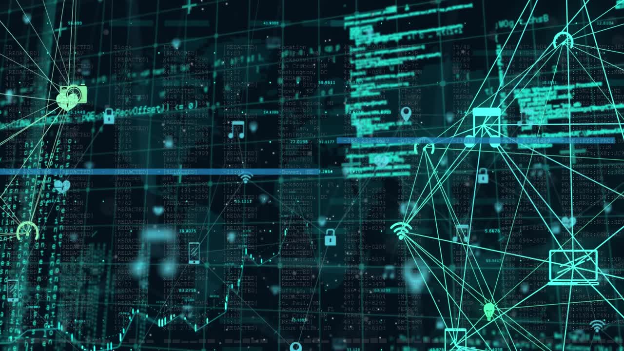 Animation of two globes of digital icons and data processing over grid network against world map