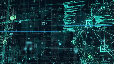 animation of two globes of digital icons and data processing over grid network against world map