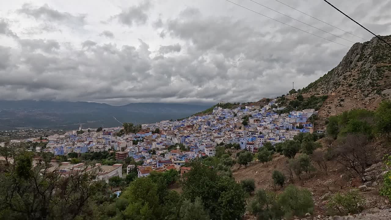 Riding Cable Car Overlooking Blue City In Chefchaouen, Morocco, North Africa. POV Shot