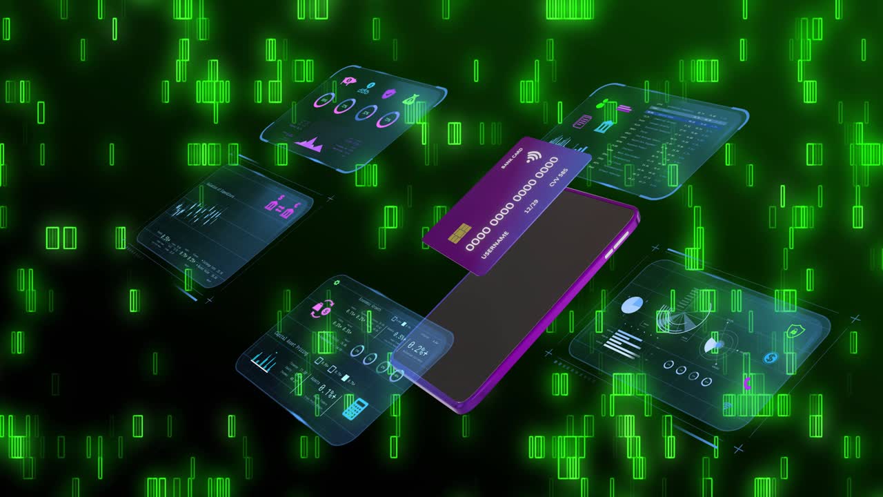 Roterende mørk telefon hvor startpaneler kommer til syne, lilla kort skyver paneler som former en ring og viser data.
