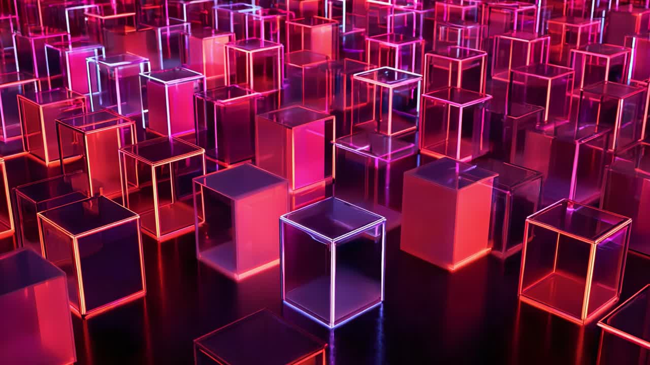 A Stunning Array of Illuminated Transparent Cubes: Captivating Colors and Shapes Create a Mesmerizing Visual Spectacle in a Dark Environment
