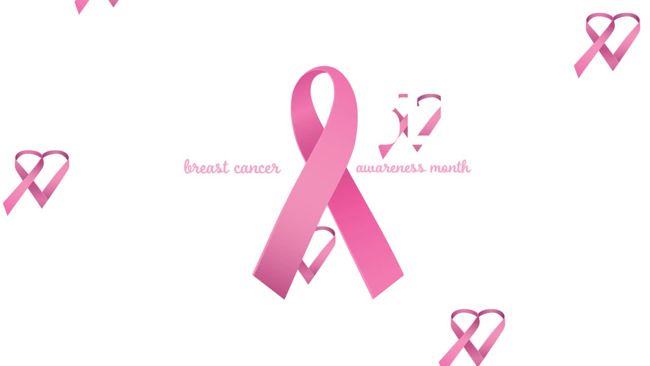 animación de varios logotipos de cinta rosa que caen sobre el texto del cáncer de mama que aparece sobre un fondo blanco