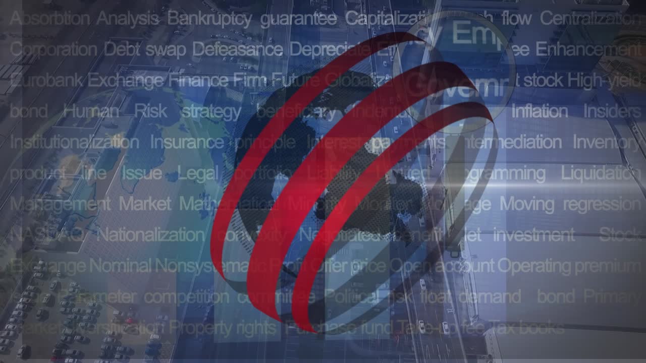 Animation af globus og finansiel databehandling over bybillede.