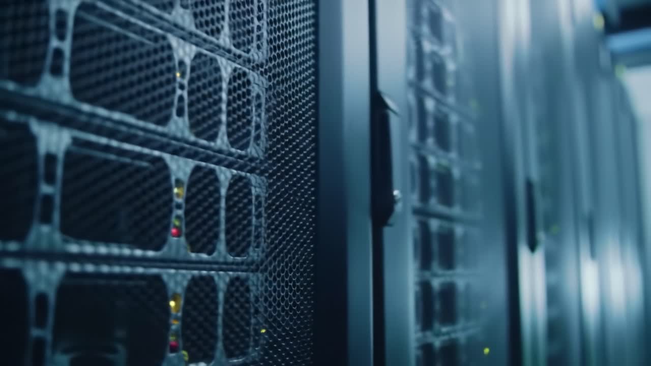 Discover the intricate details of a state-of-the-art data center showcasing high-performance servers. Bright lights and structured designs highlight the sophistication of digital infrastructure.