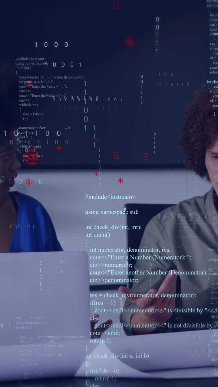 Vertical video: Devs meeting woman pointing PC starting code review code overlay aligning plans