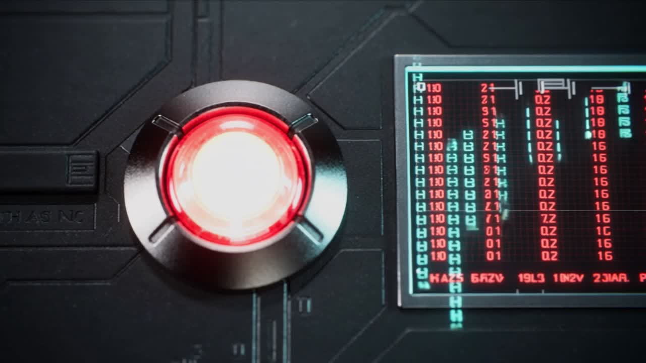 Pulsing red indicator alerting monitor showing teal cascading glyphs over textured panel, bezel
