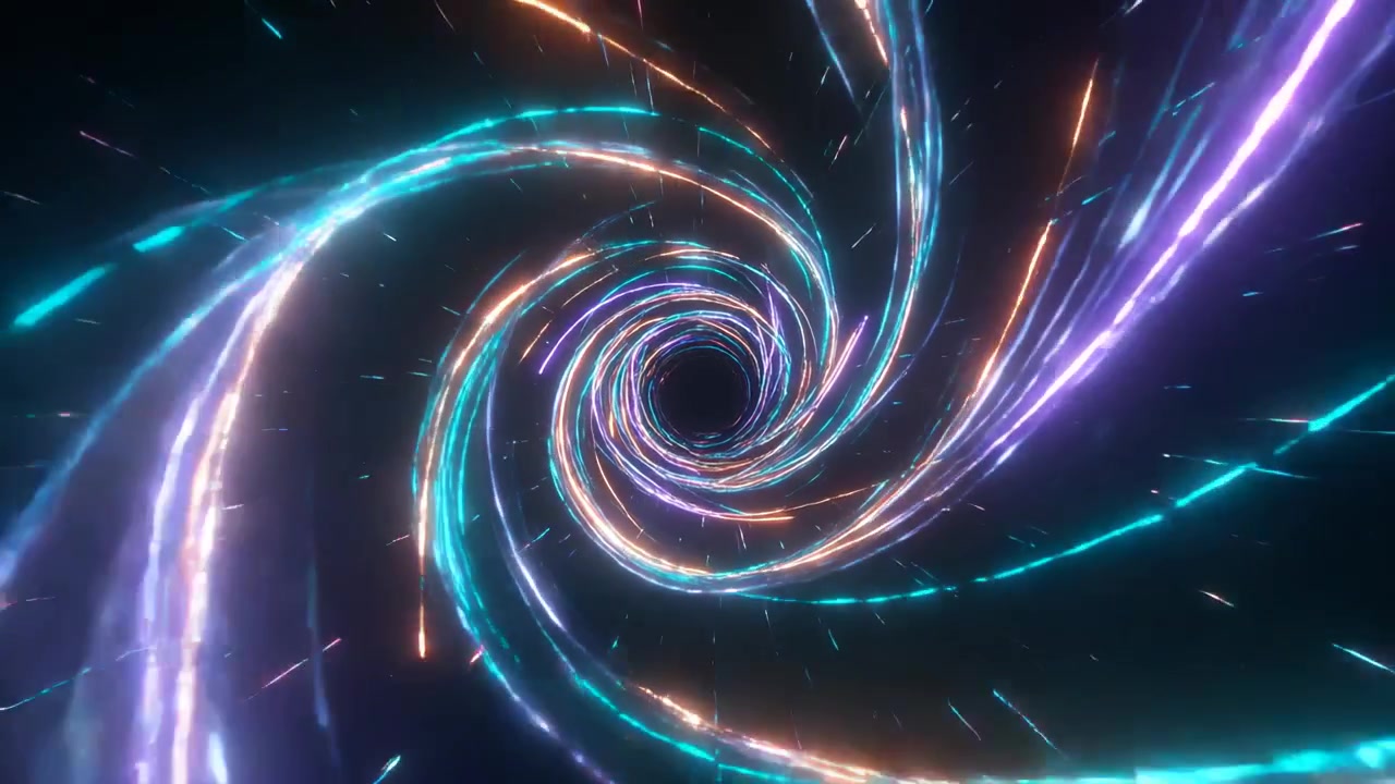 Playback starting ribbon vortex drawing inward in void, emitting teal purple amber sparks for depth