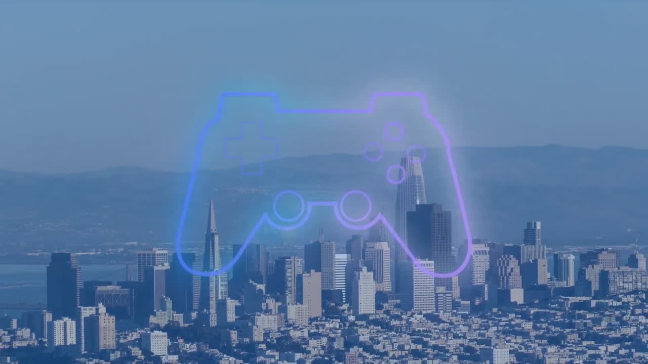 도시 풍경 위의 게임 패드의 애니메이션