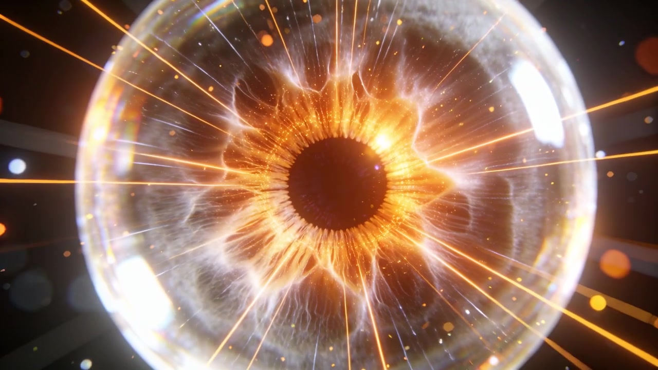 Brightening spherical orb emitting radial rays and ejecting sparks in dark studio, releasing energy