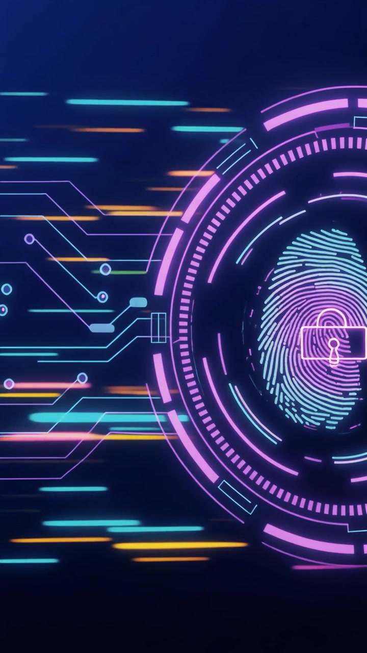 Digital Fingerprint Scanner with Glowing Circuitry and Security Lock Icon
