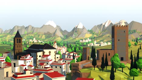slow jib shot from a white-washed town to reveal a mediterranean landscape in a low-poly 3d environment