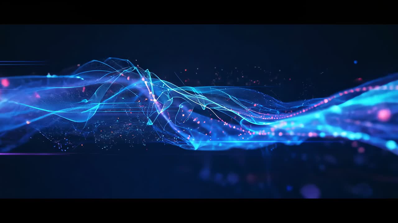 Initiating from glowing mesh translucent blue wave mesh undulating in void with magenta particles