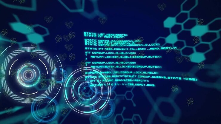 Animation of element diagrams, rotating scanner and data processing on blue background
