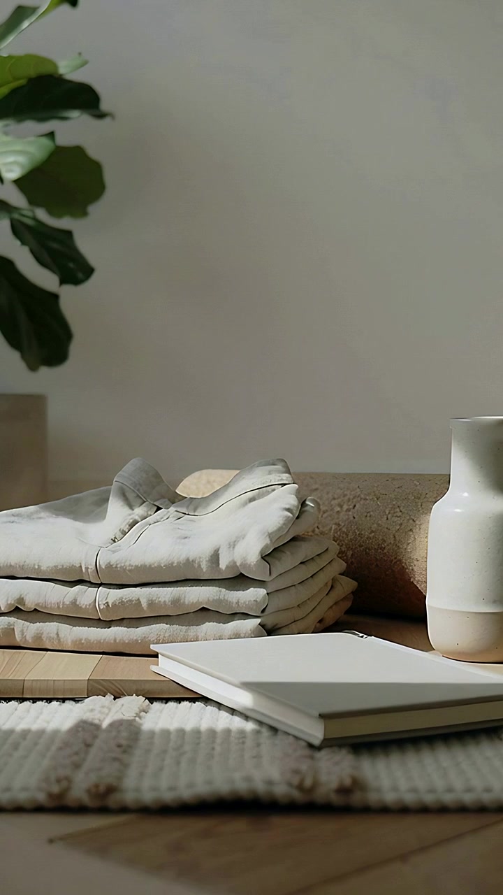 Vertical video: Stabilizing camera revealing folded linens on low table, notebook and vase as decor
