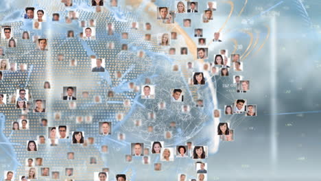 animation of photos of diverse male and female businesspeople rotating over globe