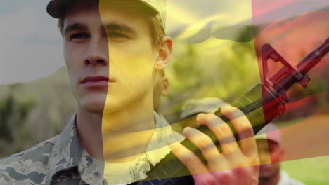 animation of flag of belgium over male soldiers in uniform holding guns