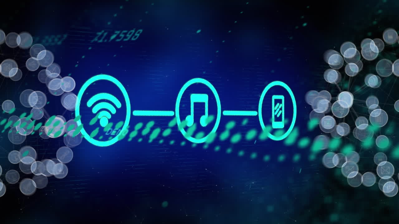 animación de la red de iconos digitales y dos globos de iconos digitales contra el procesamiento de datos