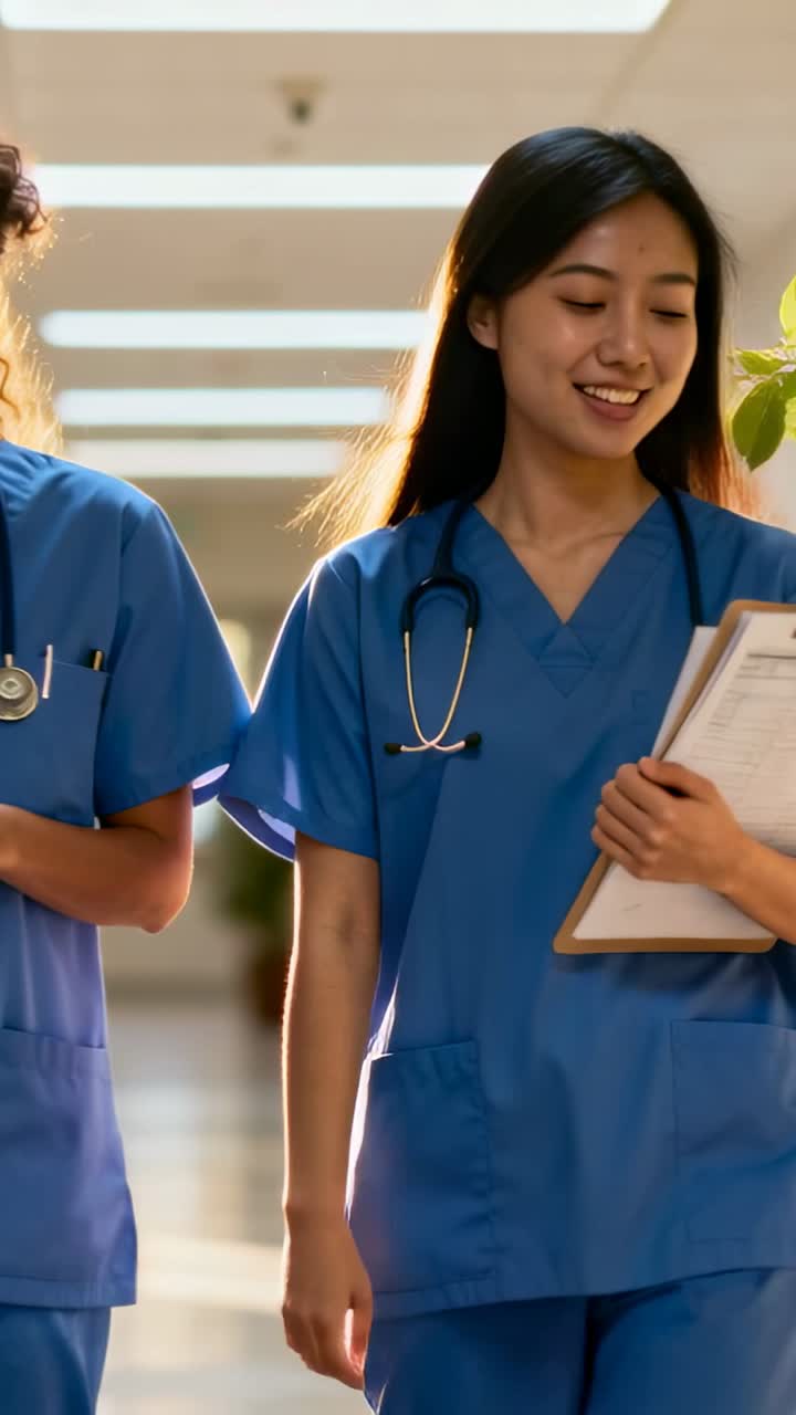 Vertical video: Walking nurses checking clipboard and talking in hospital, blue scrubs stethoscope