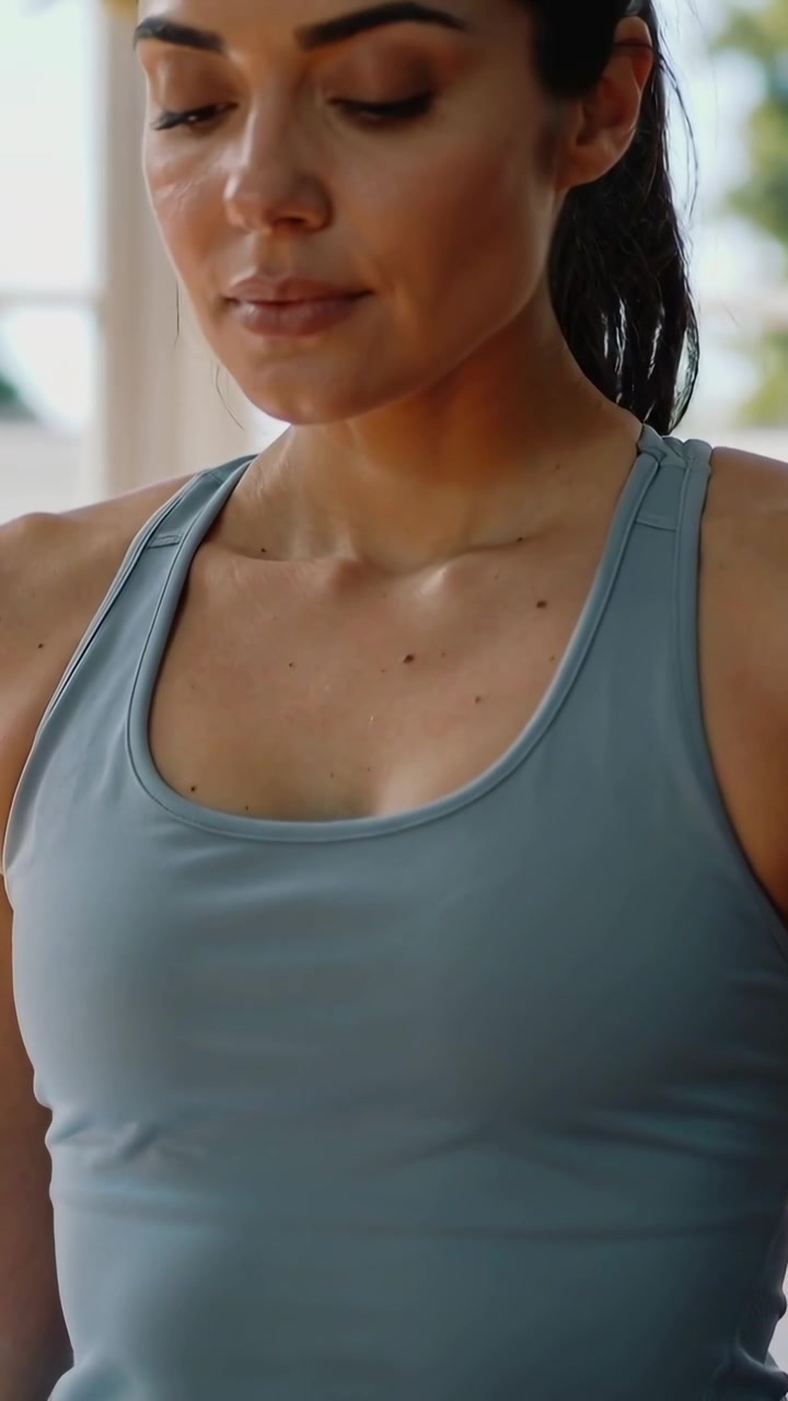 Video verticale: Donna con canotta blu-grigia che fa respiri profondi e abbassa la testa in una stanza luminosa, prima dell'allenamento.