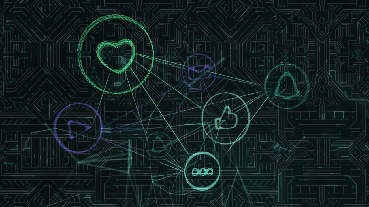 animación de iconos conectados en una pantalla digital