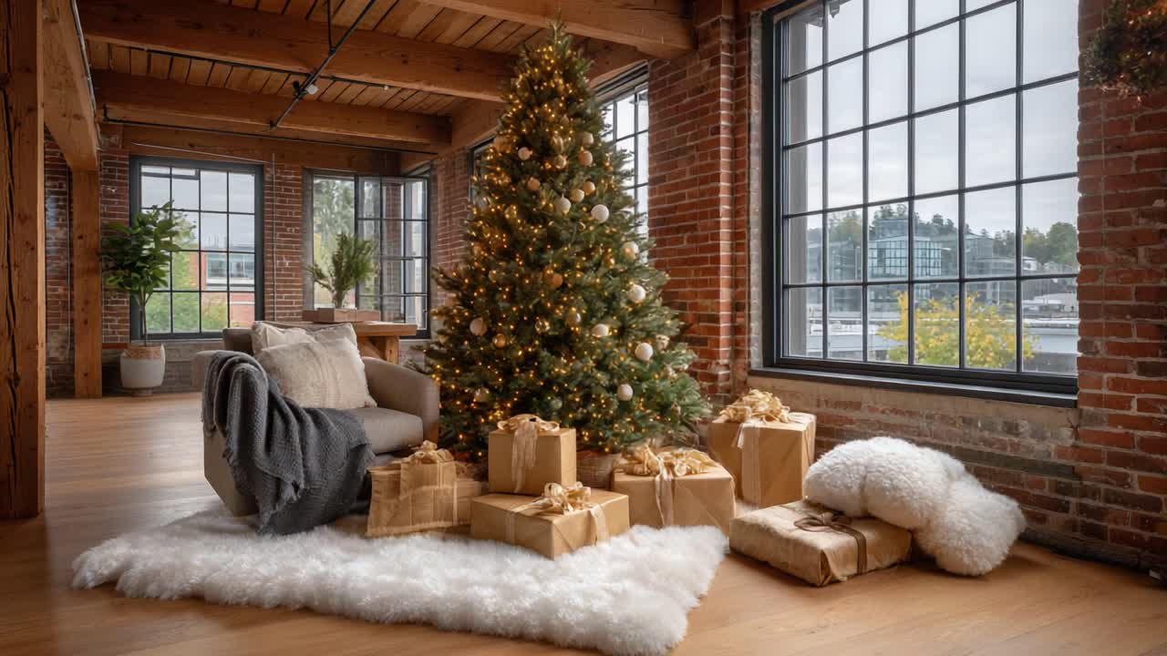A Cozy Holiday Scene Featuring a Decorated Christmas Tree Surrounded by Wrapped Gifts in a Warm Industrial Loft Setting with Large Windows