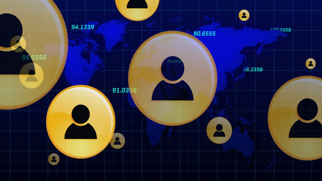 animación de personas amarillas en línea iconos y números cambiando sobre el mapa del mundo sobre fondo azul
