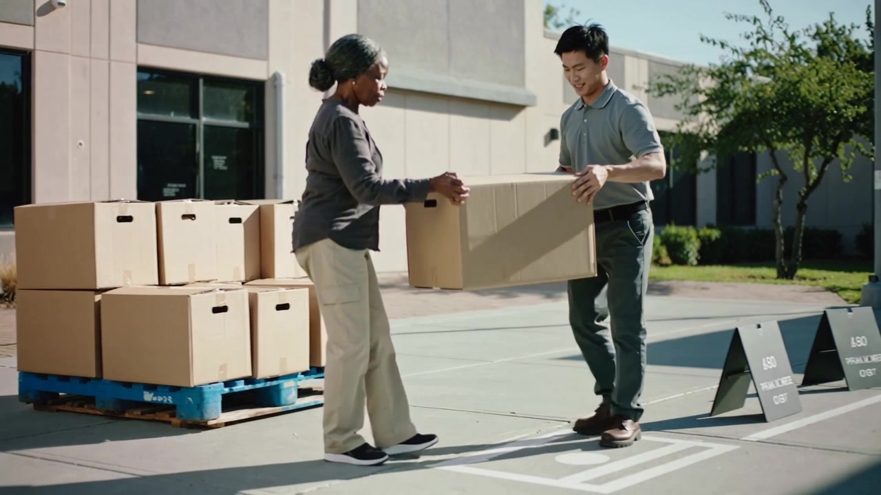 Reaching senior woman and male coworker lifting and passing box to marked pavement near blue pallet
